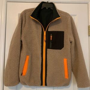 Tan Sherpa Fleece Jacket with Orange Accents